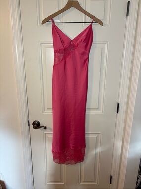 Urban Outfitters Hot Pink Satin Slip with Lace Insets